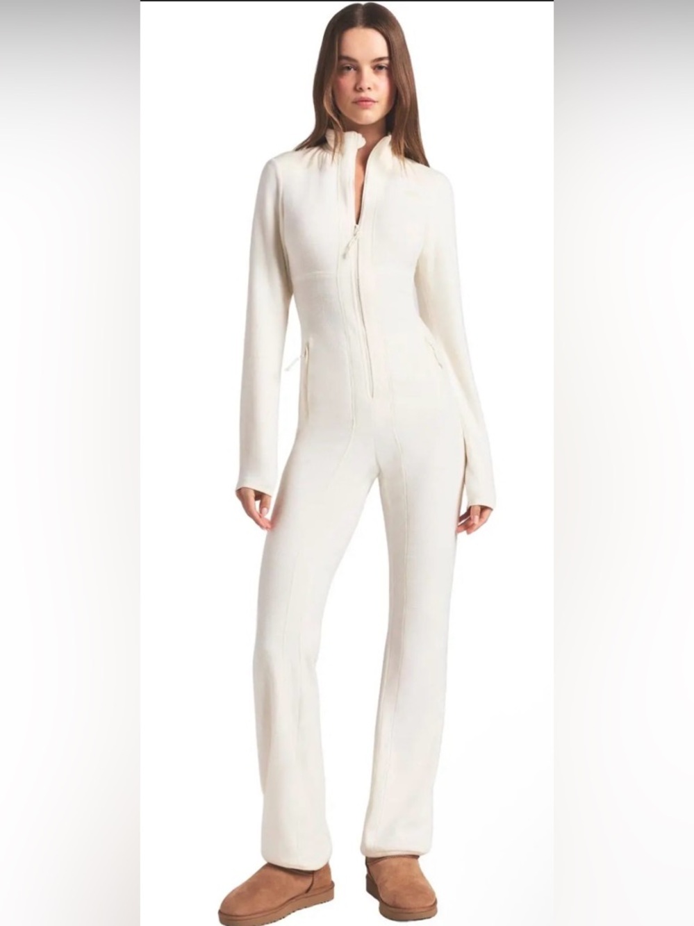 SKIMS Fleece Lounge Long Onesie Jumpsuit in Ecru